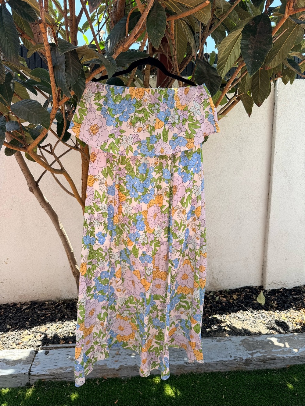 Strapless Floral Maxi Dress in Pink, Blue, Green, Yellow, Size Large